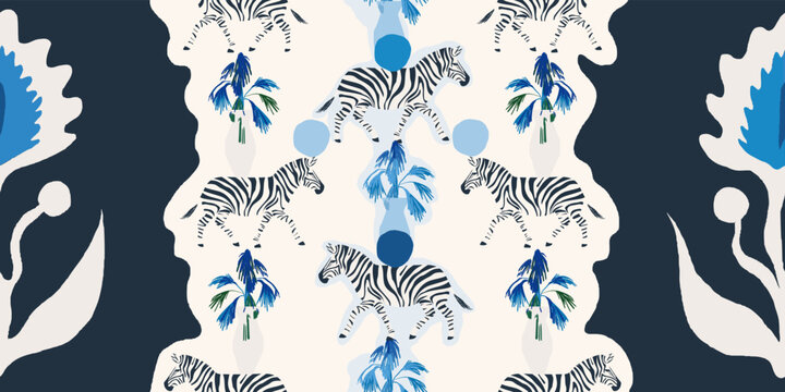 Hand drawn abstract floral ethnical style pattern with zebras. Collage contemporary print. Fashionable template for design.