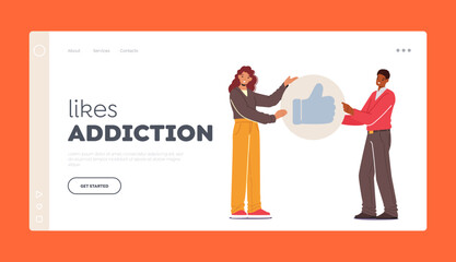 Likes Addiction Landing Page Template. Social Media Interaction, Social Network Communication On Mobile App