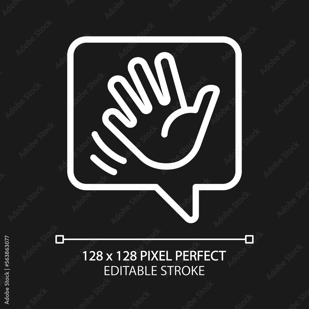 Poster saying hello pixel perfect white linear icon for dark theme. greeting chat bubble with waving hand. 