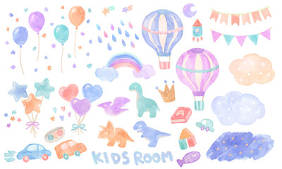 子供部屋っぽい柄の水彩風イラスト素材
