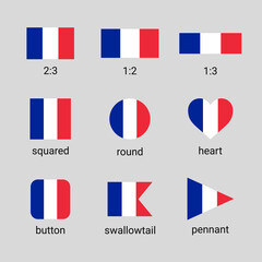 Fototapeta premium Vector collection of French flags in different shapes and ratio. France flag high quality set