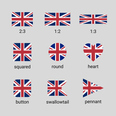 Vector collection of United Kingdom flags in different shapes and ratio. UK Union Jack flag high quality set