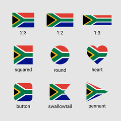 Vector collection of South Africa flags in different shapes and ratio. Republic of South Africa flag high quality set
