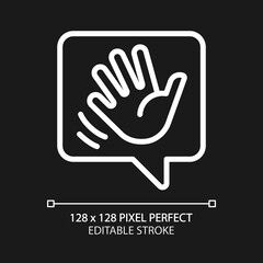 Saying hello pixel perfect white linear icon for dark theme. Greeting chat bubble with waving hand. Communication on internet. Thin line illustration. Isolated symbol for night mode. Editable stroke
