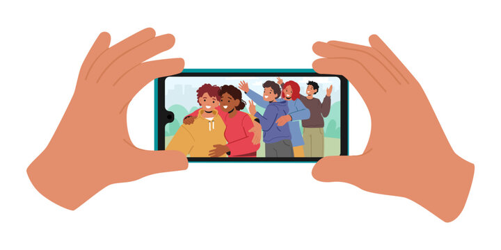 Human Hands Holding Smartphone with Picture of Happy Teen Characters Company Posing for Photography
