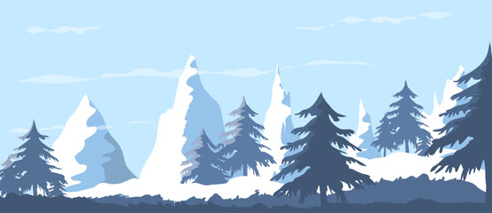Panoramic mountain landscape with shades of blue and forest with silhouettes of spruce in the foreground