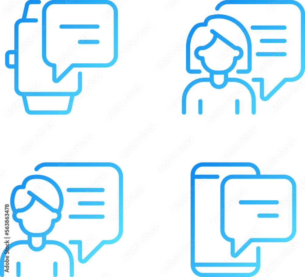 Poster Communication with chat bubbles via gadgets pixel perfect gradient linear vector icons set. Technology of connection. Thin line contour symbol designs bundle. Isolated outline illustrations collection