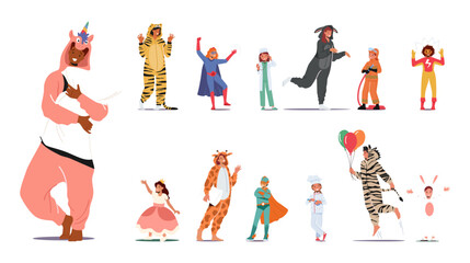 Set of People in Carnival Costumes. Male and Female Characters, Kids and Adults Wear Animal Kigurumi Pajamas