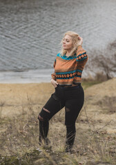 Casual collection of women's clothes. Plus size European blonde woman stylish dress. Concept of...
