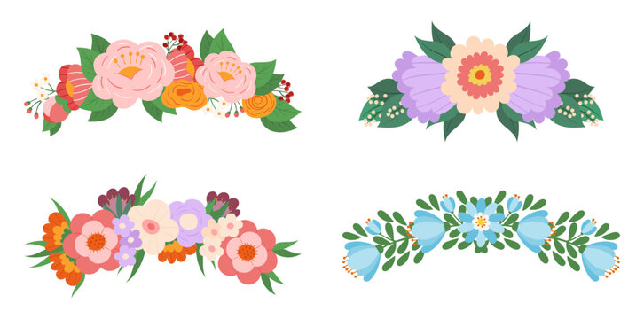Set of Floral Elements, Elegant Spring Wreaths or Arrangements with Colorful Blossoms Isolated on White Background