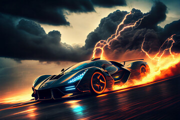 Fototapeta Futuristic Sports Car for Dealership financing at dramatic Sky obraz