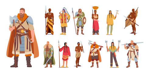 Set of Multiethnic People. Male and Female Characters Viking, African, Indian American Persons in Traditional Clothes - obrazy, fototapety, plakaty