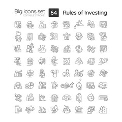 Fototapeta na wymiar Rules of investment linear icons set. Trading on stock market. Financial strategy. Increase money savings. Customizable thin line symbols. Isolated vector outline illustrations. Editable stroke
