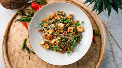 Udon noodles stir fry with chicken, carrots, onions, green beans, lime, microgreens and sesame seeds.