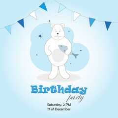 An invitation to a birthday party with a white bear with a fish in its paw. On a blue background with flags. Vector illustration