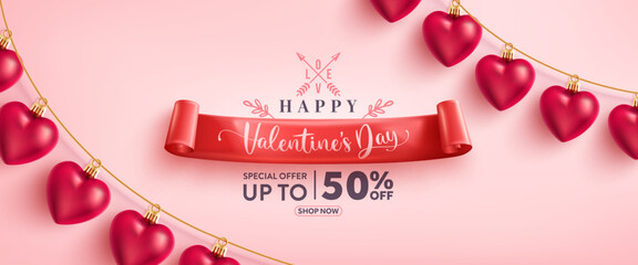 Fototapeta na wymiar Valentine's Day Sale banner with Heart Ornament for Valentine on pink background.Promotion and shopping template for love and Valentine's day concept. Vector illustration eps 10