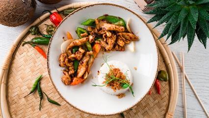 Stewed chicken, onion, sweet pepper in teriyaki sauce with rice, sesame and herbs.