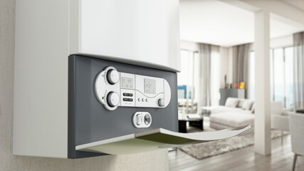 Combi boiler on the wall with contemporary living room view. 3D illustration