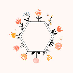 Frame with honey flowers and bees in Scandinavian Style. Bee honey comb hexagon shape. Cartoon vector isolated illustration - obrazy, fototapety, plakaty