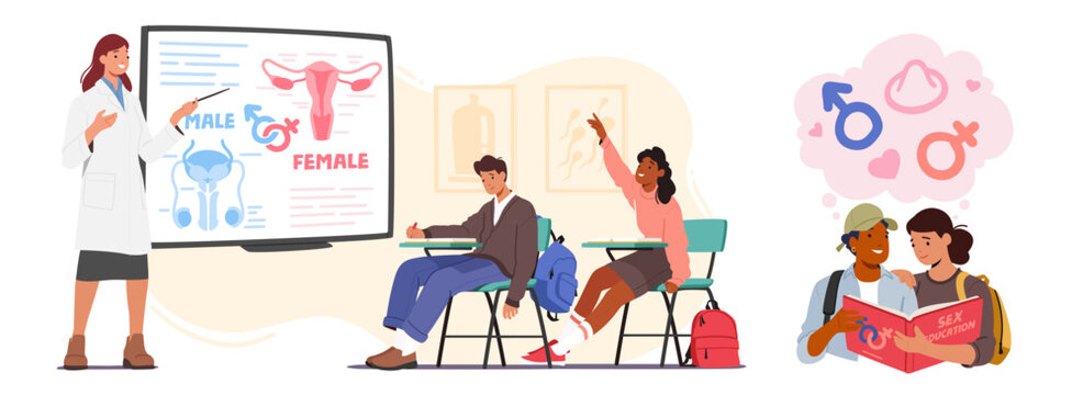 Sex Education in School Concept. Teacher Stand at Blackboard Explain to Students Features of Reproductive System