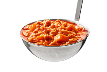 Close-up of a BOLOGNESE SAUCE ladle isolated on a white background. Great depth of field. Low angle view.
