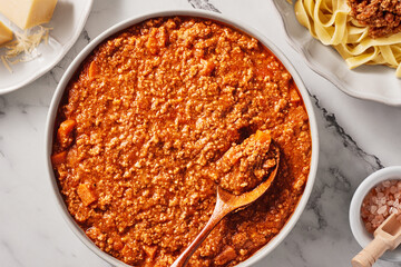 Close-up of a bowl of fresh BOLOGNESE made from a classic recipe. SAUCE. Top view.