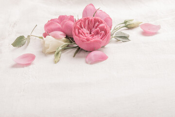 Pink Rose Flowers on Light Grey Linen Background with Copy Space. Romantic Vintage Wedding,...
