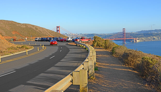Conzelman Road. Lookout point, view of Golden Gate Bridge and Golden Gate, strait on west coast of North America that connects San Francisco Bay to Pacific Ocean. California, United States
