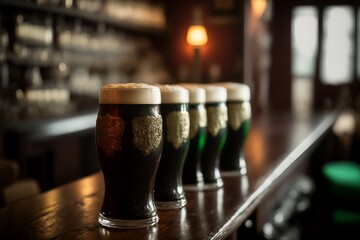 Celebrate St Patrick's Day with a close-up of frothy beer glasses in an Irish pub