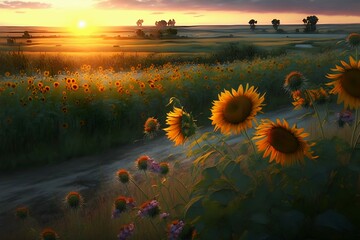 Beautiful place of sunflowers field with before sunset,drawing style.ai generative