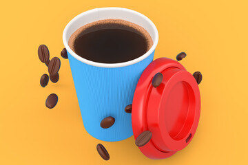 Paper coffee cup with coffee bean for cappuccino, americano, espresso on yellow