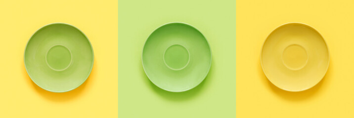 Beige  plates on turquoise table. Monochrome minimalistic image in hipster style.