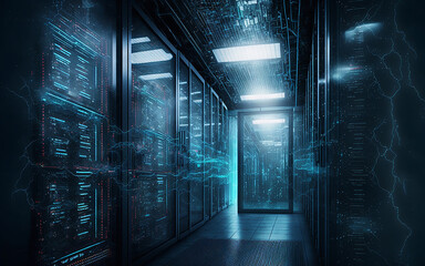 data center with server racks in the corridor room. with blue lighting