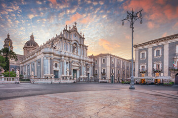 Catania, Sicily, Italy. Cityscape image of Duomo Square in Catania, Sicily with Cathedral of Saint...