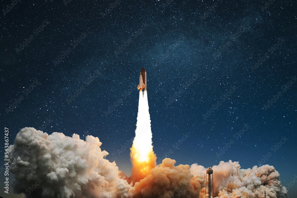 Poster space rocket with clouds of smoke and blast successfully takes off into the starry sky. spaceship sh