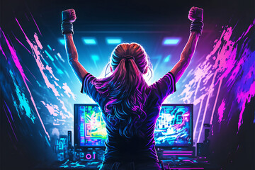Female eSports gamer rejoices in the victory in Neon game room background with generative AI