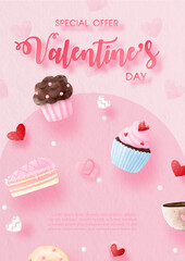 Sweet bakery with decoration of Valentine day's specials offer and shop banner in watercolors and layers style with wording of sale' example texts on pink background.