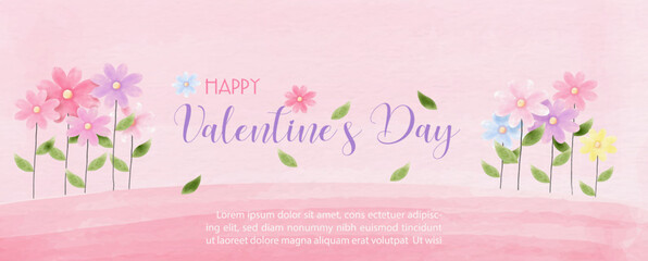 Colorful and beauty flowers with wording of Valentine 's day and example texts on pink background. Valentine greeting card and poster in watercolors style and vector design.
