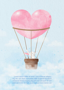 White rabbit flying on sky with heart shape hot air balloon in watercolors style and example texts on blue paper pattern background. Valentine greeting card in vector design.