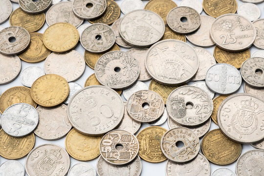 Ancient Spanish coins. Spanish money of pesetas and centimos