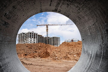 Insulated pipe. Large metal pipes with a plastic sheath laid in a trench. Modern pipeline for...