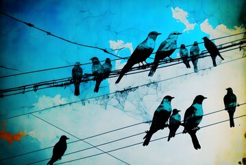Birds on wire cable with blue sky background,painting style.Ai generated