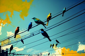 Birds on wire cable with blue sky background,painting style.Ai generated