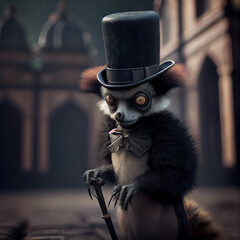Evil lemur wearing a top hat and a cane, standing in a court,