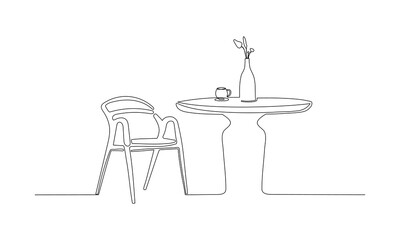 One continuous drawing of chair and table with coffee mug and vase. Vector illustration