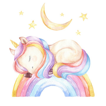Unicorn sleeping on the rainbow watercolour illustration. Children character design.