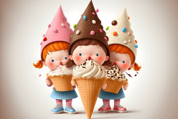 Happy children's eating ice cream on white background,cartoon style.ai generated