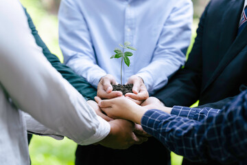 Businessmen and community together planting trees for sustainable development goals. company or...