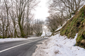 Snowy road going up to the Artikutza natural park in Oiartzun, Gipuzkoa