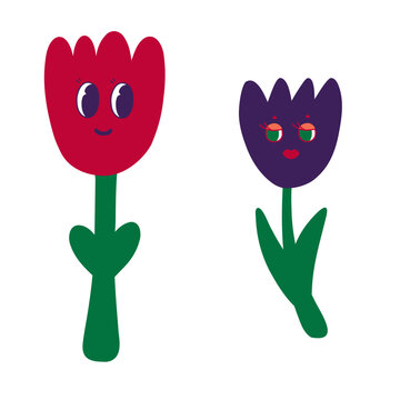 Vector hippie psychedelic flowers with funny faces in 70s and 80s style.